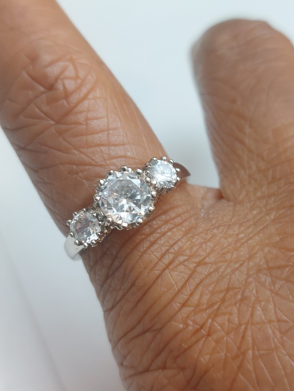 Vintage Avon Signed NR 3-Stone CZ Ring Size 8 Silver Tone Crown Prong Setting